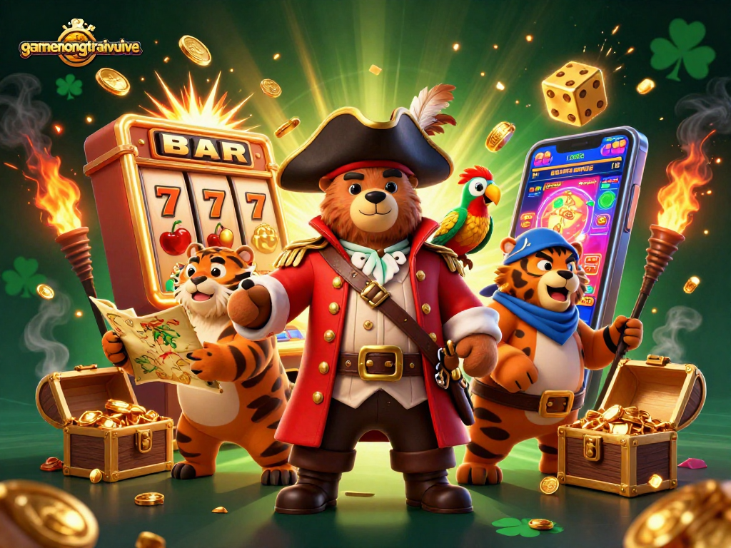 Experience the thrill of gamenongtraivuive with a pirate captain and vibrant slot machine frenzy.