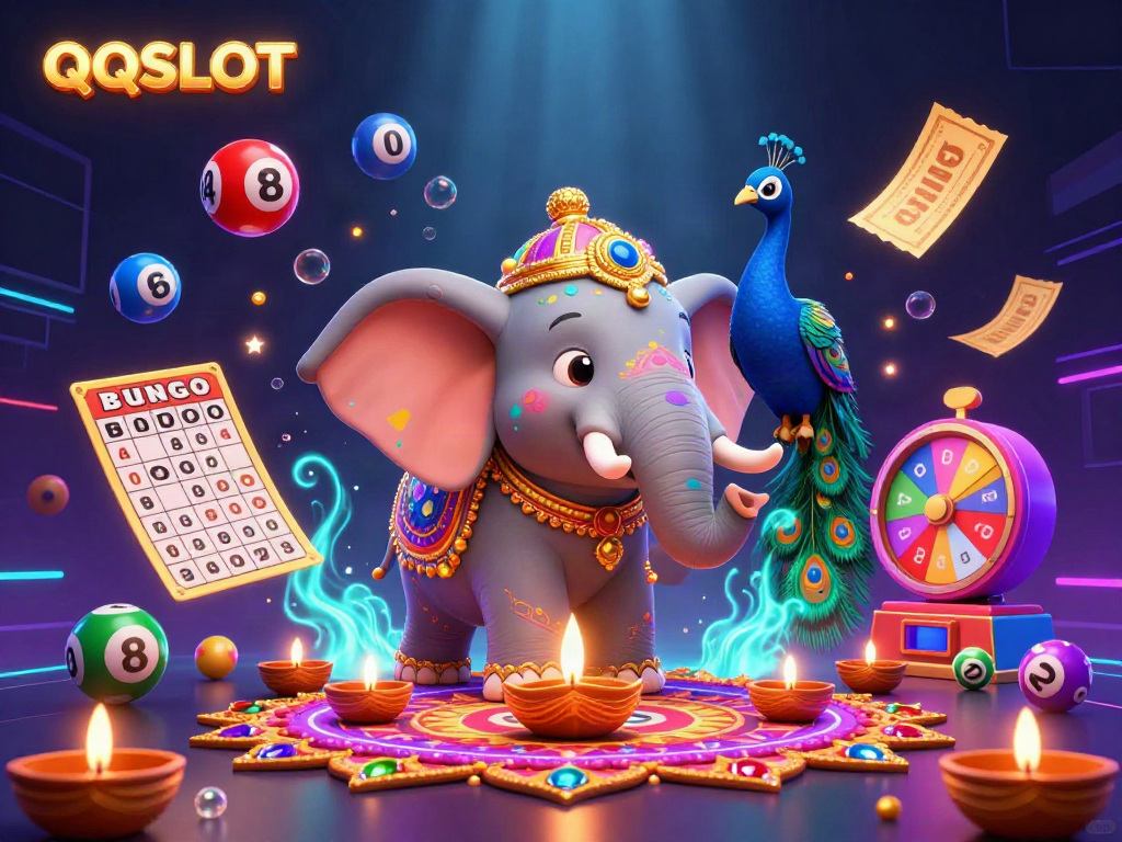 Experience thrilling gameplay with QQSLOT surrounded by vibrant colored balls and exciting casino elements.