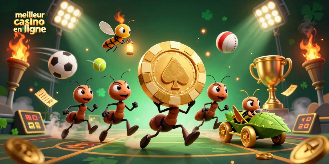 Visuel vibrant illustrant le meilleur casino en ligne avec une équipe de fourmis transportant un jeton doré et des éléments de jeux.