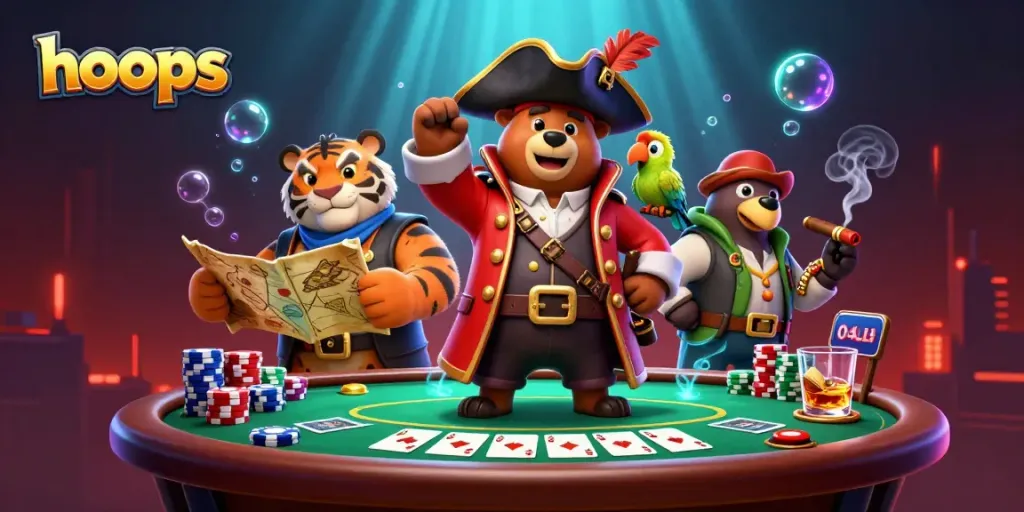 Engage in action with vibrant hoops designs in a dynamic poker scene featuring playful characters.