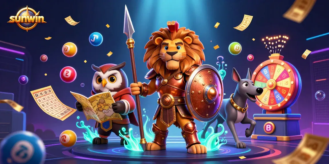Experience the excitement of Sunwin with vibrant lottery elements and dynamic 3D characters.