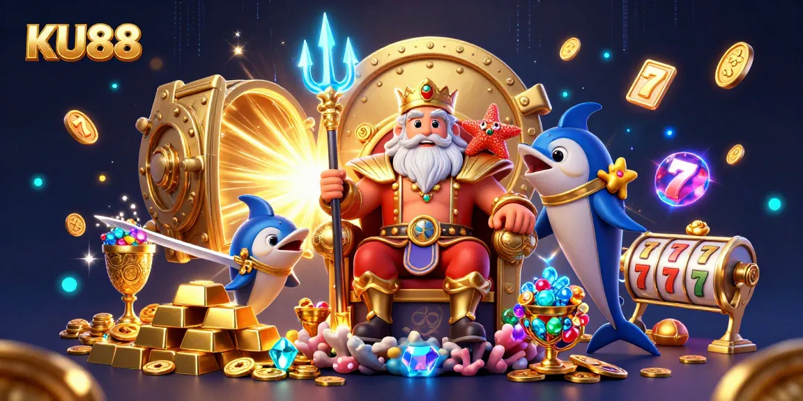 KU88's immersive casino adventure features Neptune, treasure islands, and vibrant game elements.