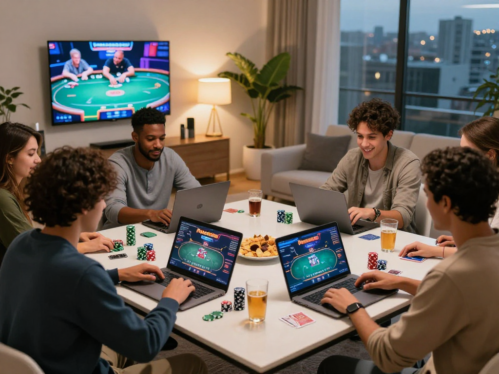 Exciting poker game on Poker88 platform with friends in a modern living room.