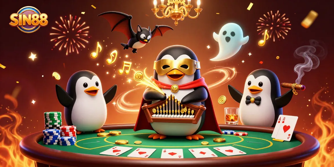 SIN88 casino illustration featuring a phantom penguin with golden coins, poker table, and vibrant celebrations.