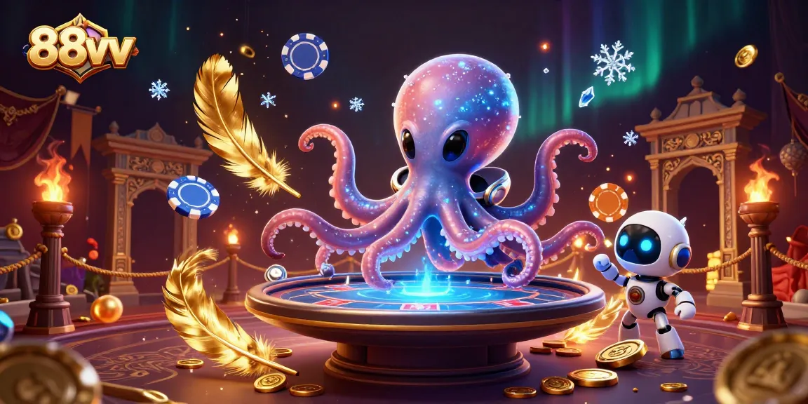 Immerse in the vibrant world of 88vv as an alien octopus plays poker amidst swirling cosmic chips.