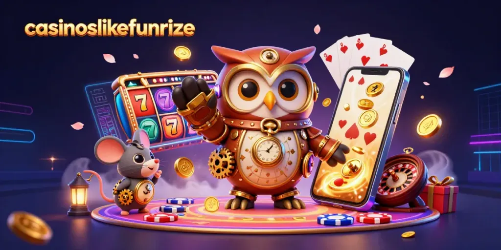 Explore casinoslikefunrize with a time-traveling owl and shimmering gaming elements.