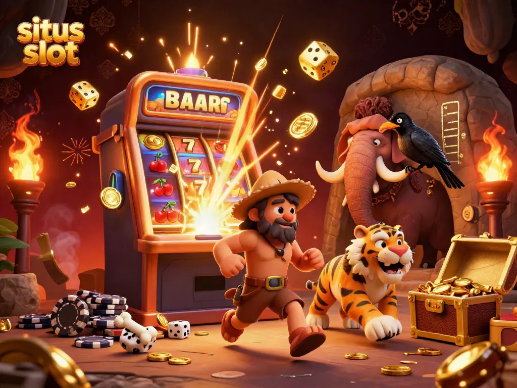 Experience thrilling wins at situs slot with our lively caveman and sabertooth duo in a dynamic casino scene.