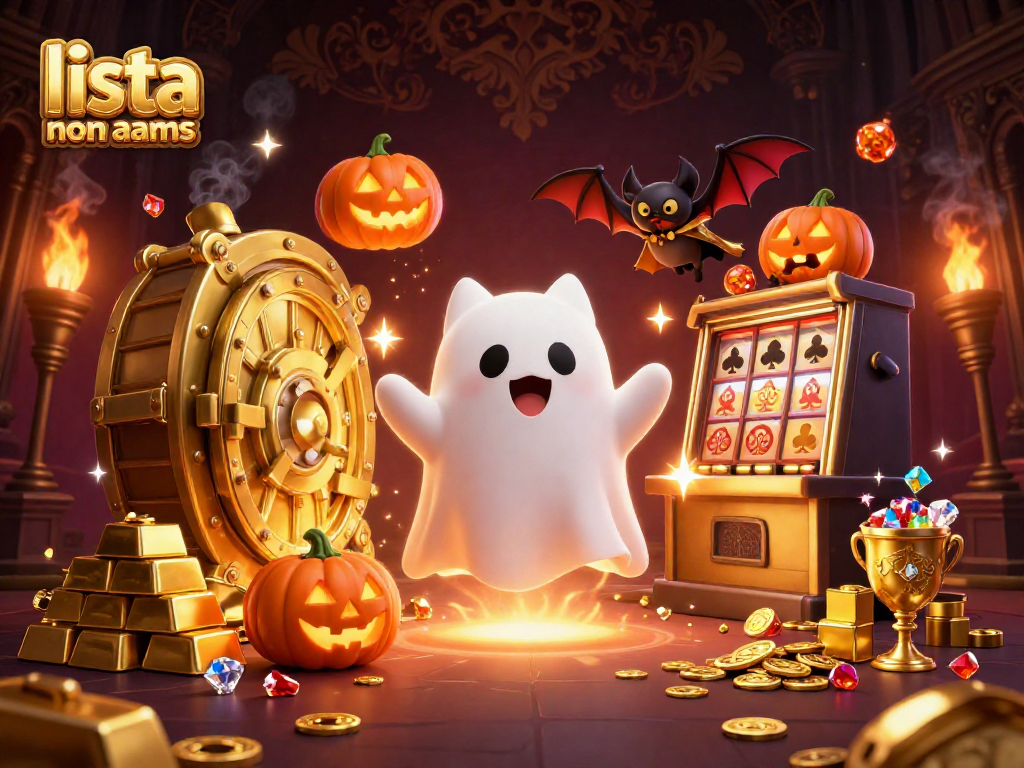 Scopri la lista casino non AAMS in un'illustrazione vivace con un gatto fantasma e gemme brillanti.