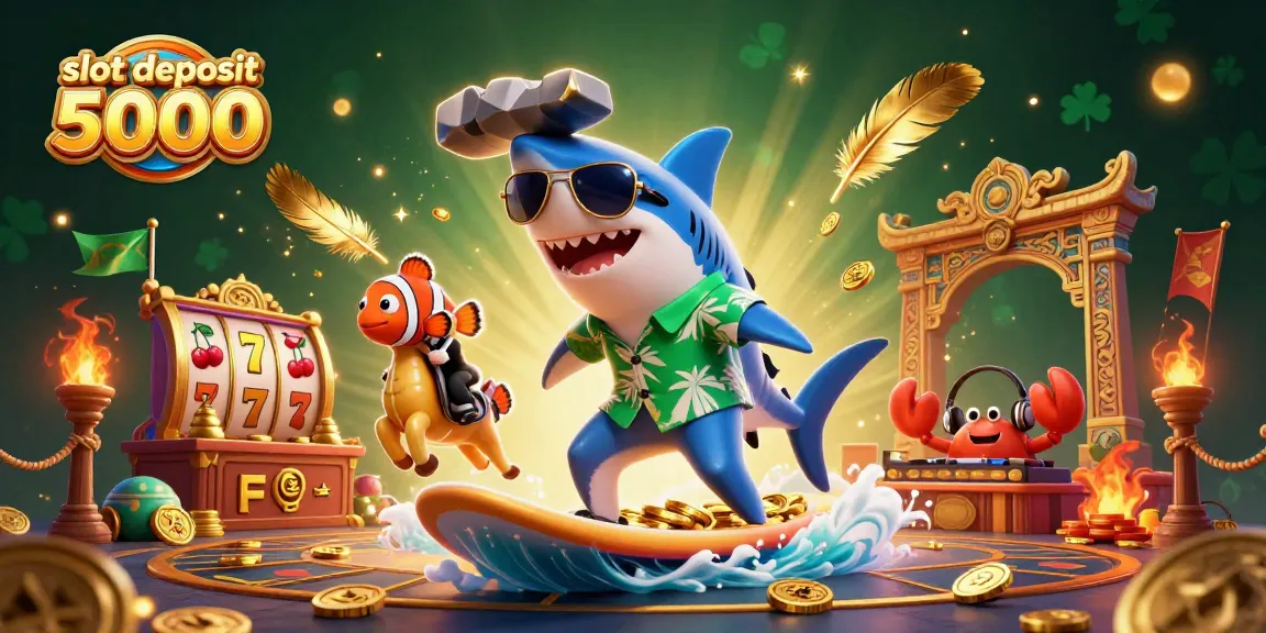 Experience the excitement of slot deposit 5000 with vibrant 3D scene featuring playful characters surfing on gold coins.