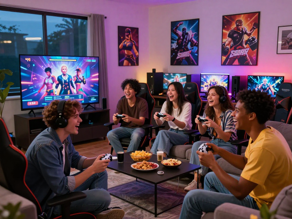 Engaged gamers enjoying a vibrant porn game night with friends in a stylish living room.