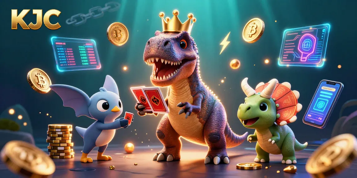 Engage with KJC's vibrant 3D illustration showcasing a T-Rex and friends in a colorful casino scene.