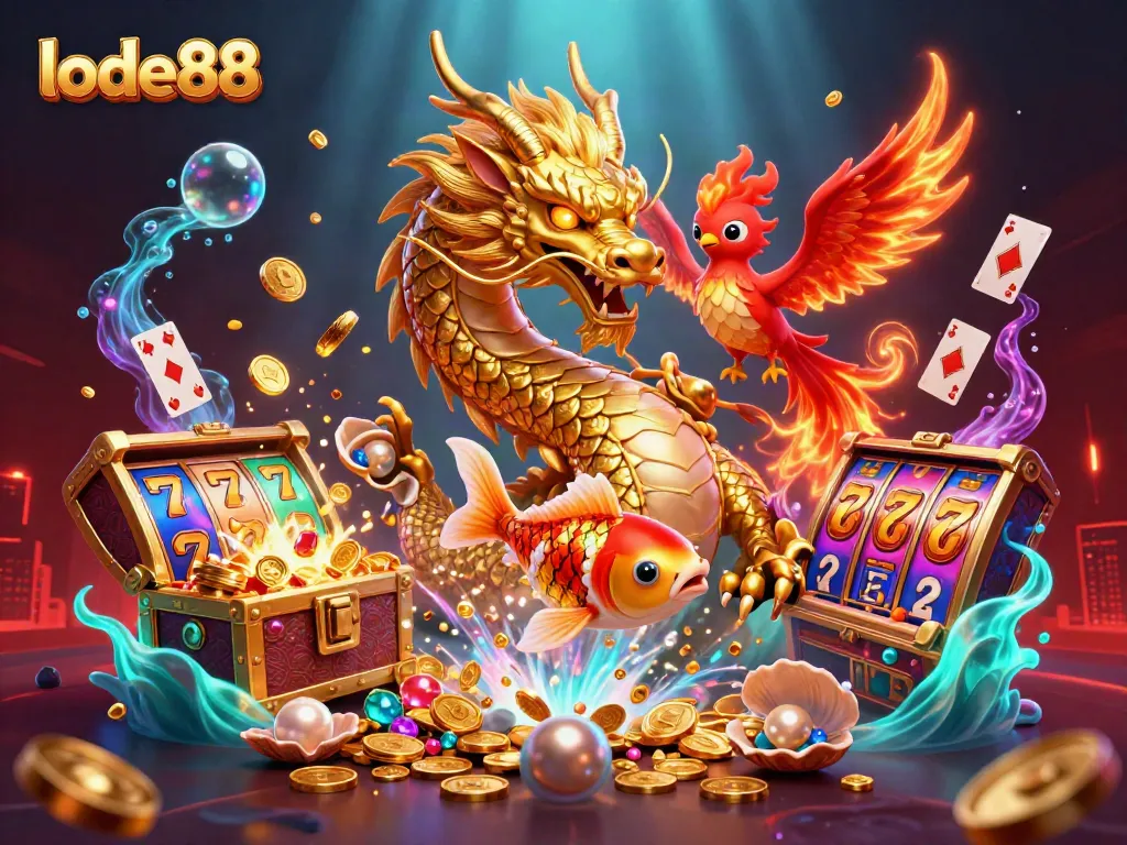 Engage in thrilling moments at lode88 with a fierce dragon and vibrant casino elements.
