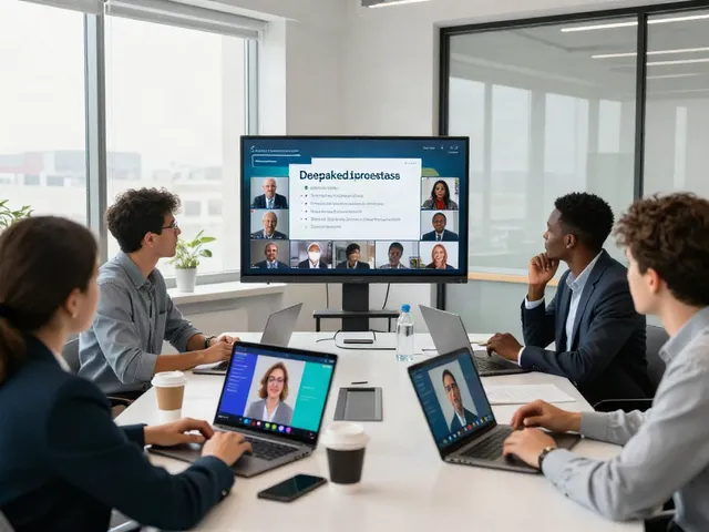 Deepfake-protected meetings with diverse professionals collaborating in a modern office.