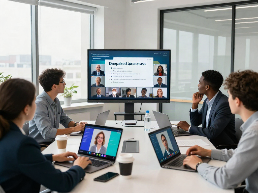 Deepfake-protected meetings with diverse professionals collaborating in a modern office.