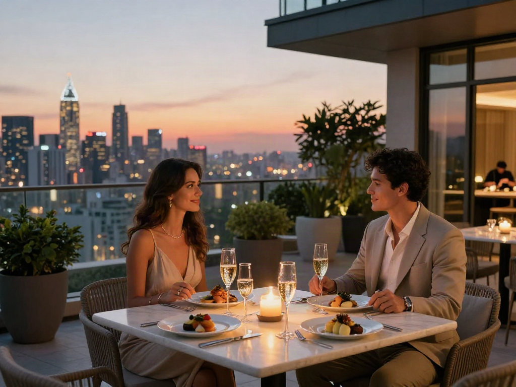 Gaya hidup mewah luxury111 dengan pasangan menikmati makan malam di teras modern.