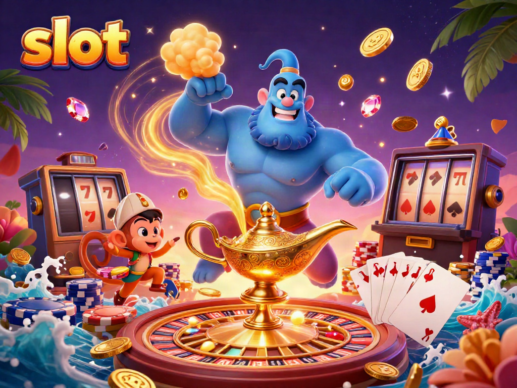 Experience captivating slot action with a genie, poker chips, and vibrant casino elements.