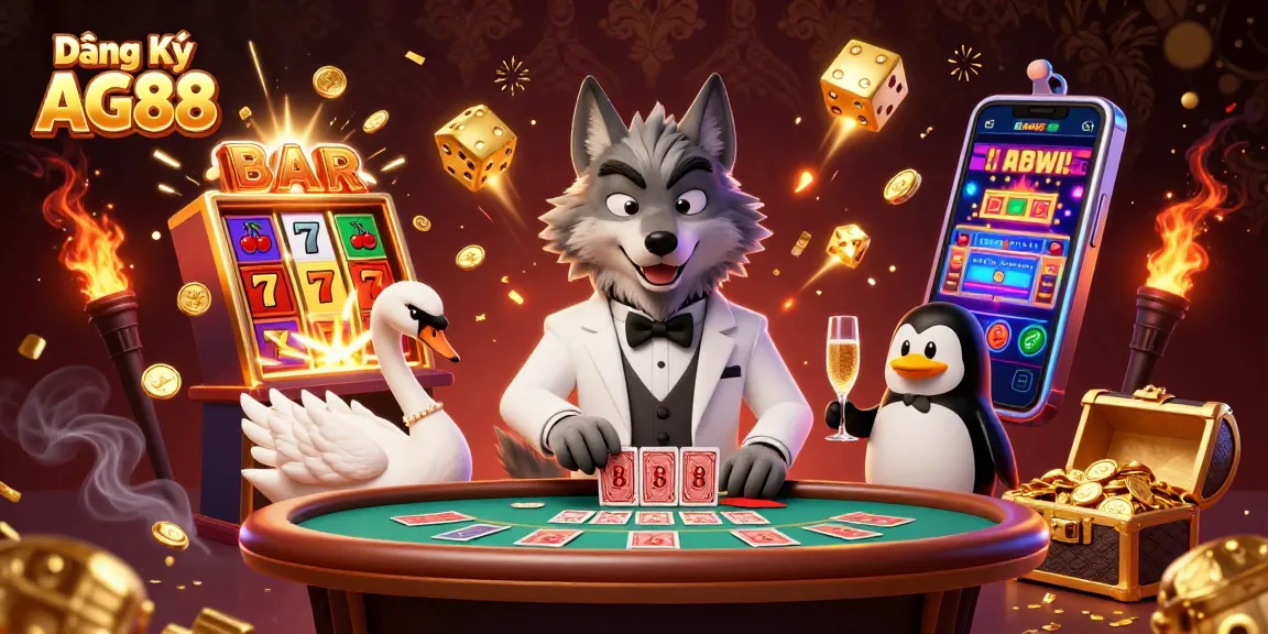 Join the excitement at Đăng Ký AG88 with a themed casino illustration featuring stylish characters and vibrant game elements.