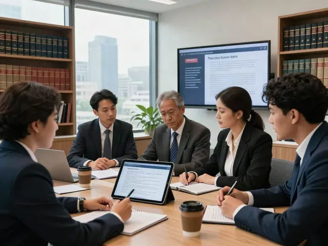 Team of legal advisors at Lead Roedl analyzing international law trends in a modern office.