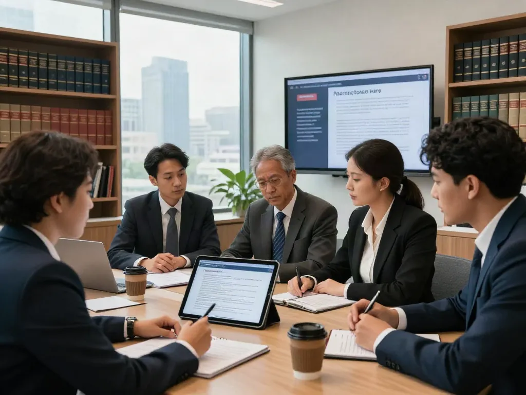 Team of legal advisors at Lead Roedl analyzing international law trends in a modern office.