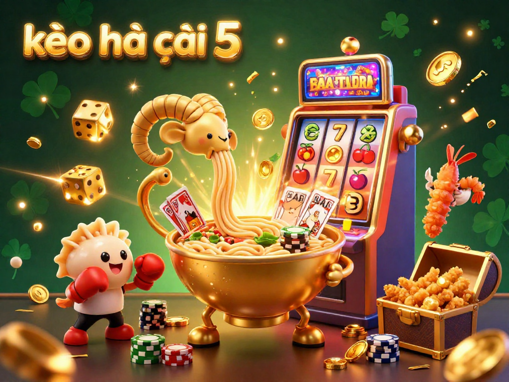 Kèo nhà cái 5 celebrates interactive gambling with vibrant characters, dynamic games, and festive elements.
