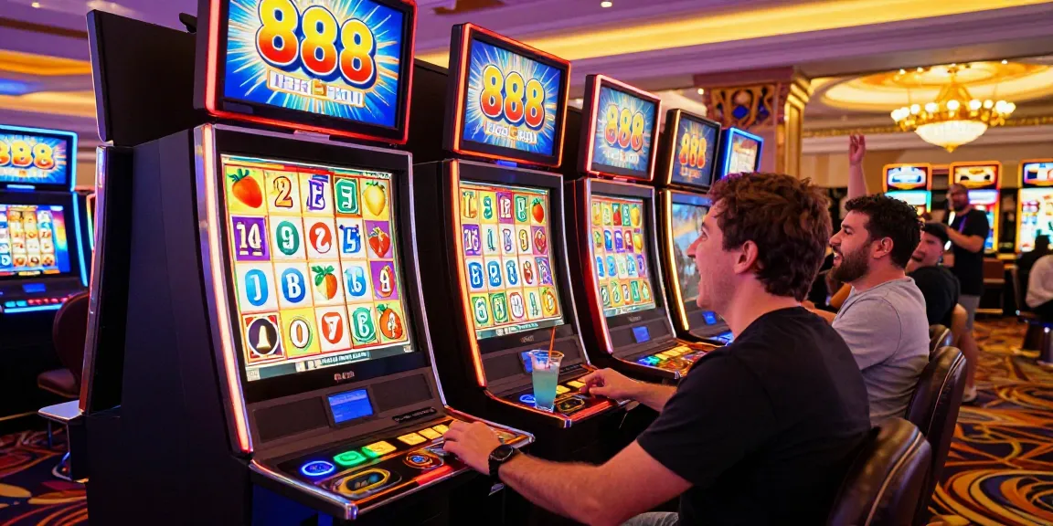 Enthusiastic player enjoying slot88 at colorful casino slot machine surrounded by excitement.