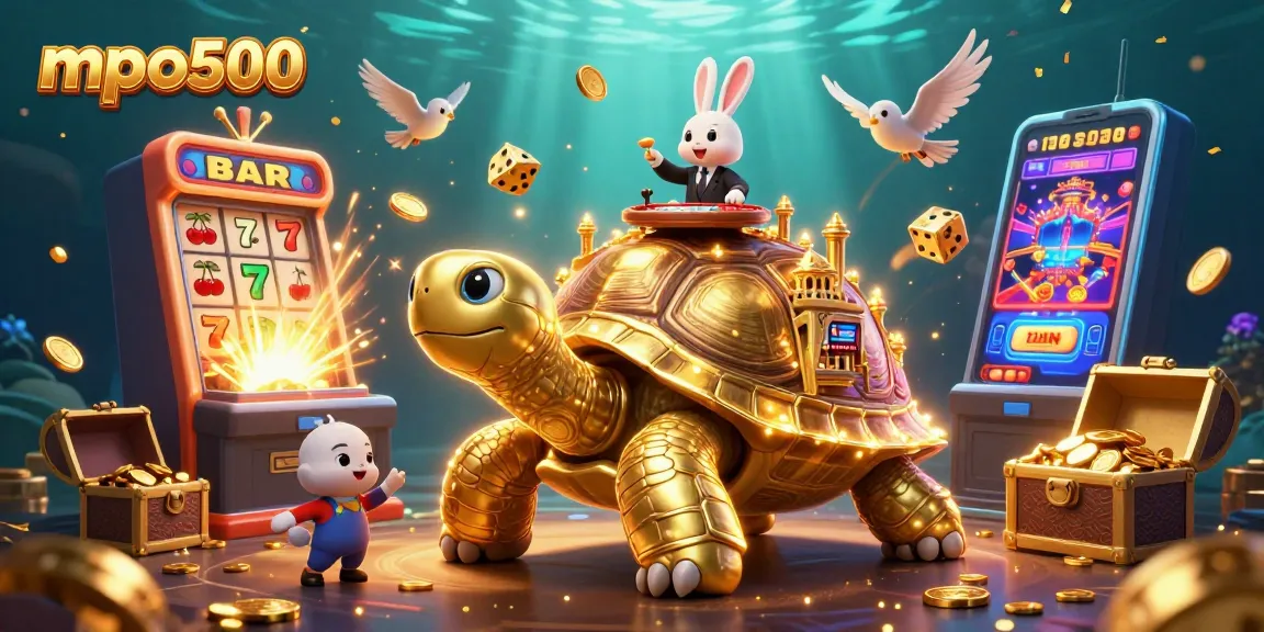 Experience mpo500 with a dynamic 3D casino scene featuring a golden tortoise and vibrant gaming elements.