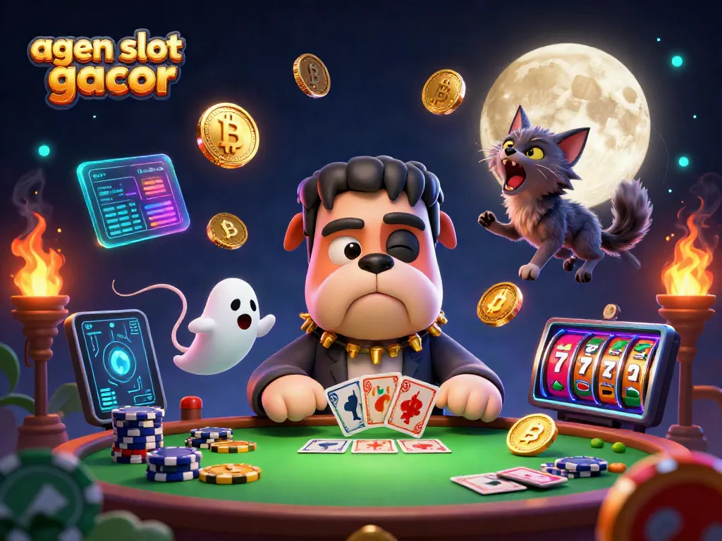 Create excitement in agen slot gacor games with this lively scene featuring animated characters and dynamic gambling elements.