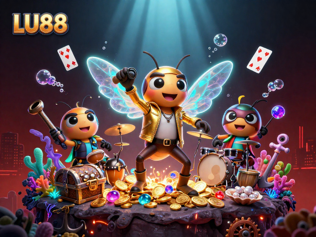 Engage with LU88's vibrant 3D illustration celebrating casino thrills through lively characters and dynamic elements.