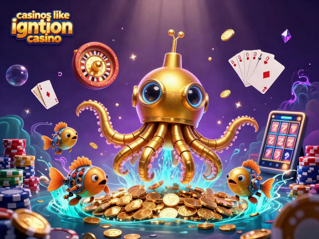 Experience thrilling gameplay at casinos like Ignition Casino with vibrant slot machine reels and dynamic poker chips.
