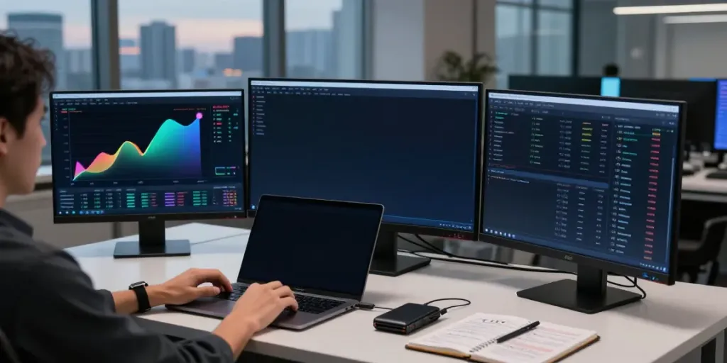 One API for stocks forex crypto shown in a modern trading setup with multiple screens displaying cryptocurrency data and a balanced workspace.