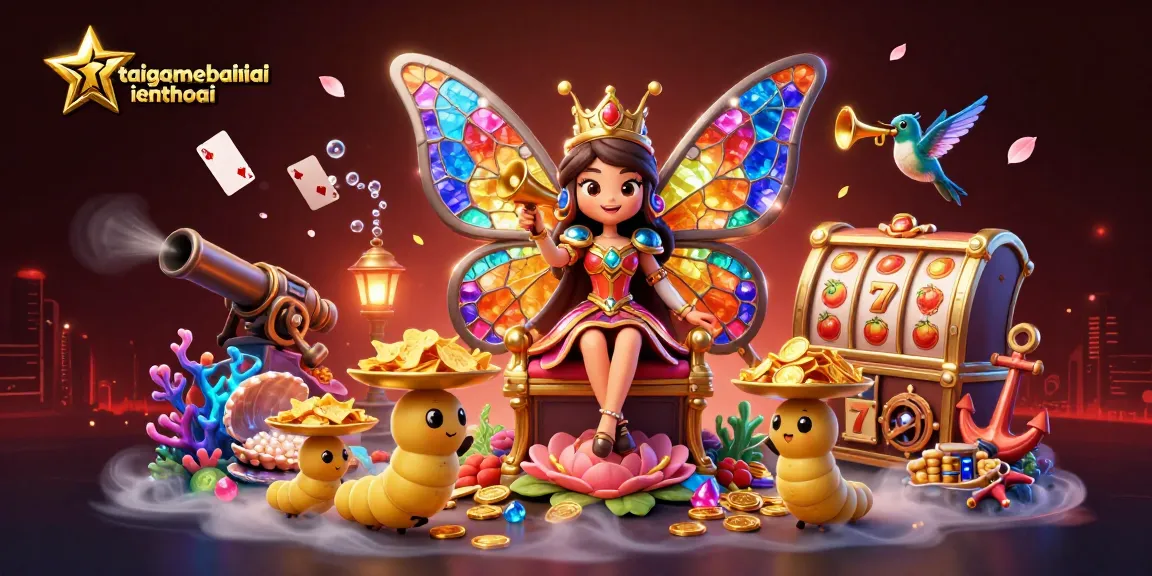 Experience the magic of taigamebaidienthoai with vibrant 3D casino illustration featuring a butterfly queen and treasures.