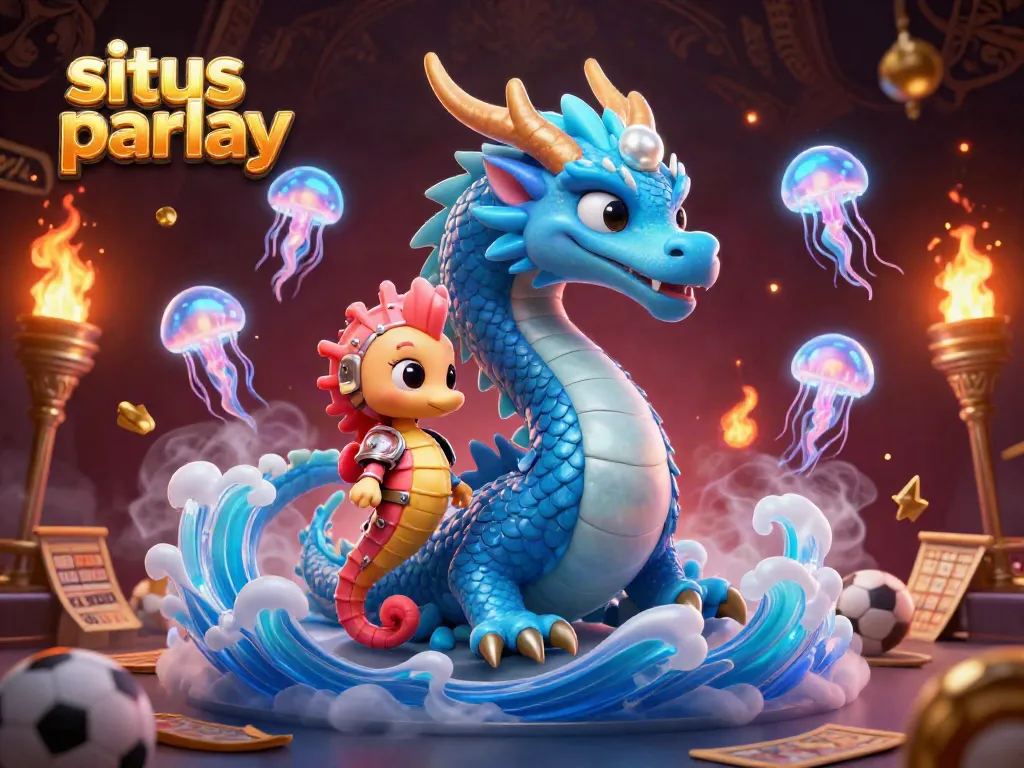 Engage in situs parlay betting action illustrated with a dragon, seahorse knight, and sports elements.