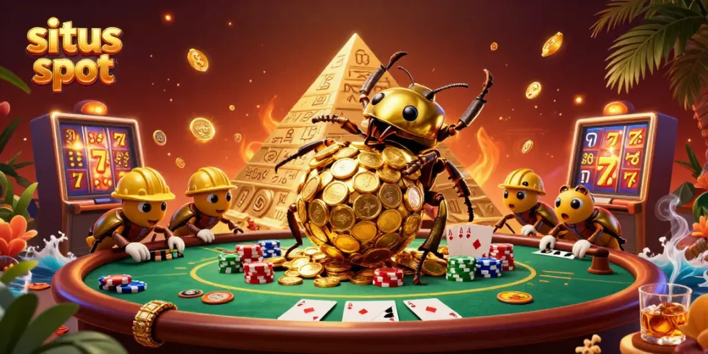 Menangkan permainan di situs slot dengan gambar kumbang pelataran emas dan simbol kasino menarik.