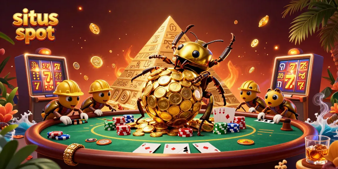 Menangkan permainan di situs slot dengan gambar kumbang pelataran emas dan simbol kasino menarik.
