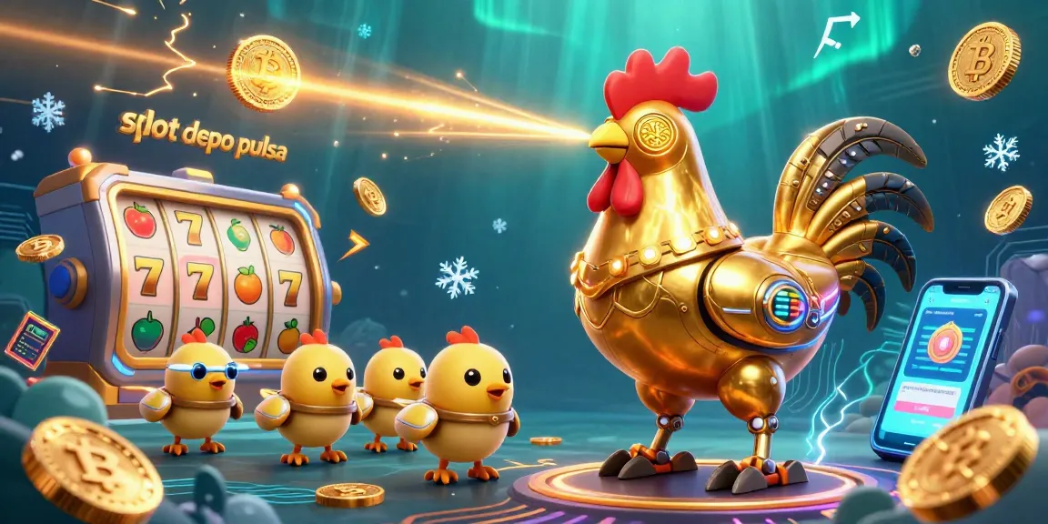 Experience the excitement of slot depo pulsa with a vibrant 3D illustration of a golden rooster robot and baby chick drones amidst casino game elements.