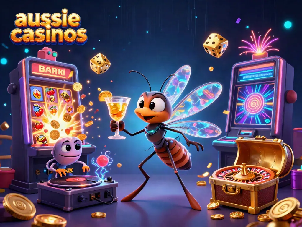Experience the vibrant world of aussie casinos with dynamic characters, games, and colorful elements.