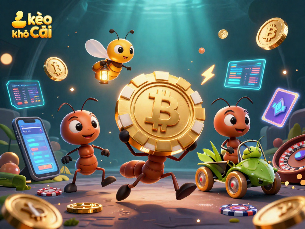 Engage with kèo nhà cái in this dynamic 3D illustration of ants heisting a golden poker chip.