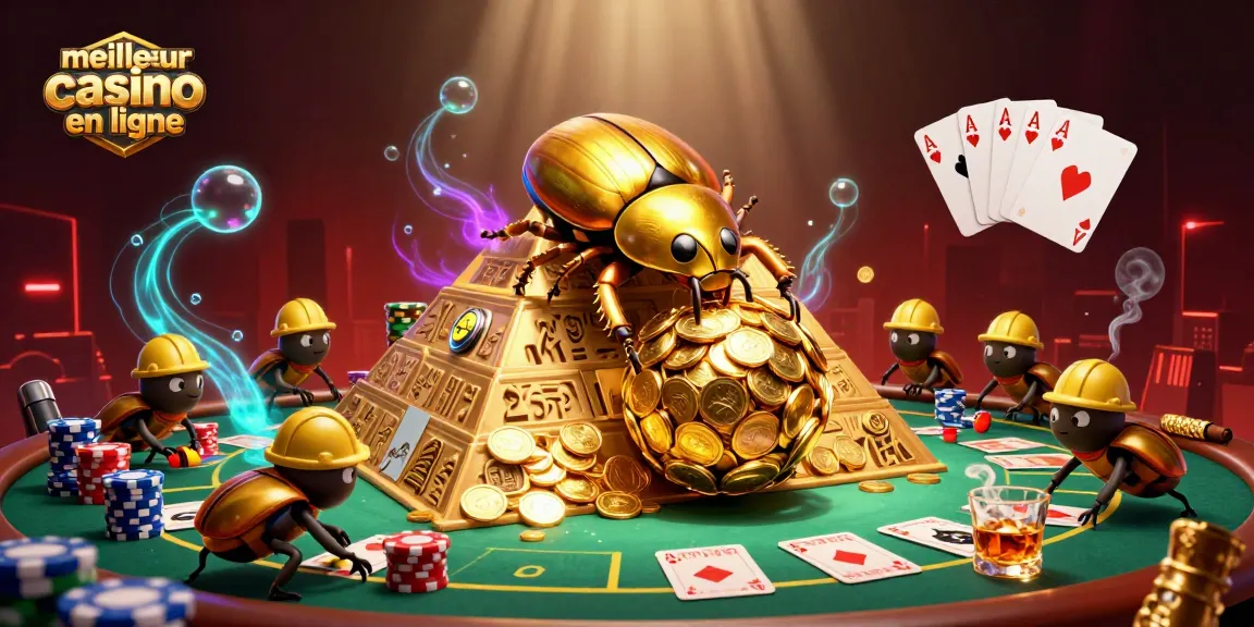 Jouer au meilleur casino en ligne avec un scarabée doré et des jetons de poker colorés.