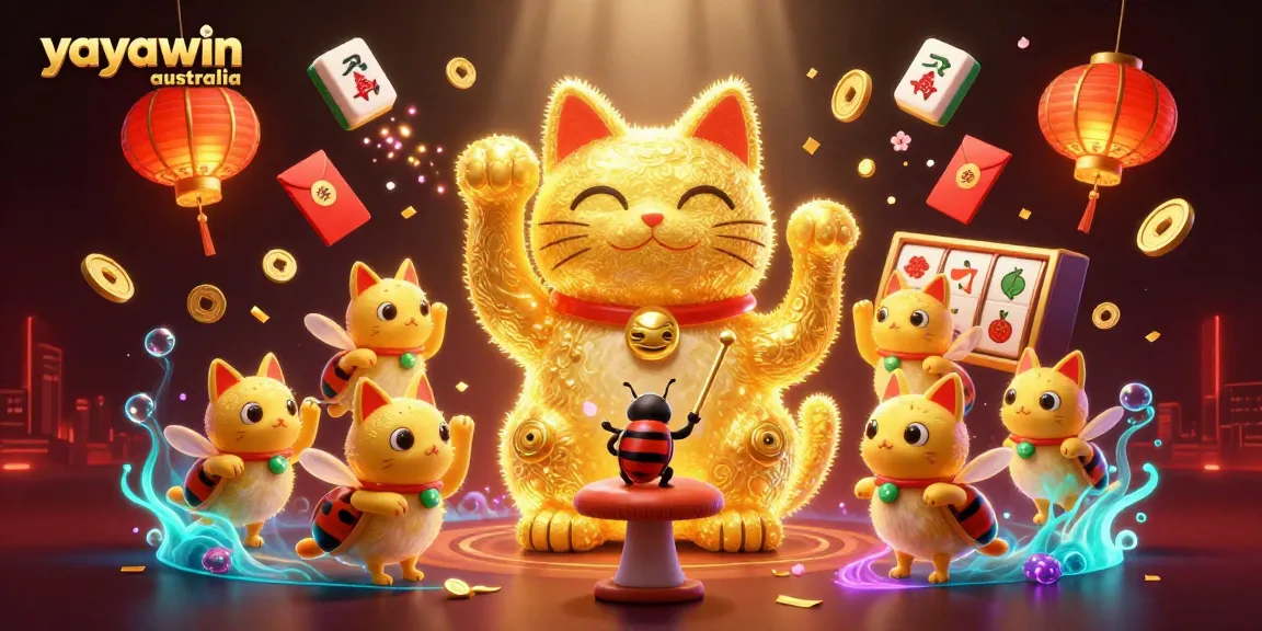 Experience the luck with yayawin australia, where vibrant casino symbols and a lucky cat come to life in a dynamic scene.