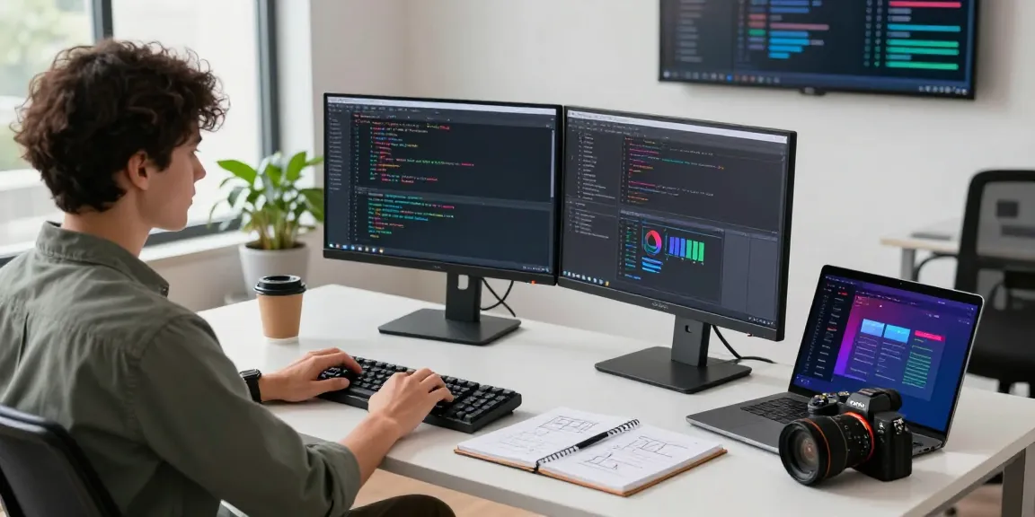 Dynamic tech workspace featuring bdtjl developer coding with dual monitors and vibrant UI designs.