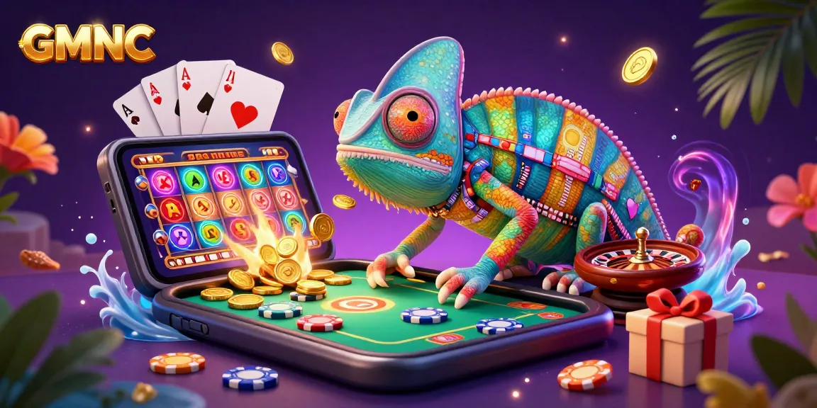 Experience winning moments with GMNC's vibrant casino scene featuring a dynamic chameleon owner amidst exciting games.