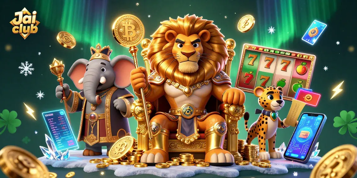 Engage with Jai club's slot games featuring a regal lion king on a throne of gold.