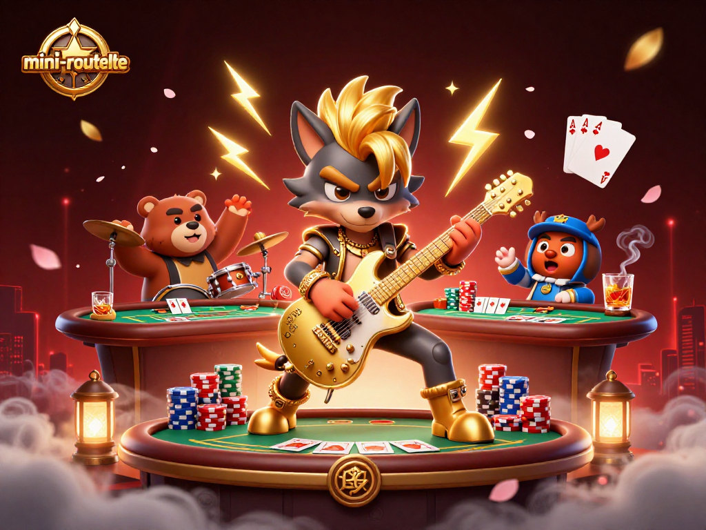 Experience the thrill of mini-roulette with vibrant characters amidst casino excitement.