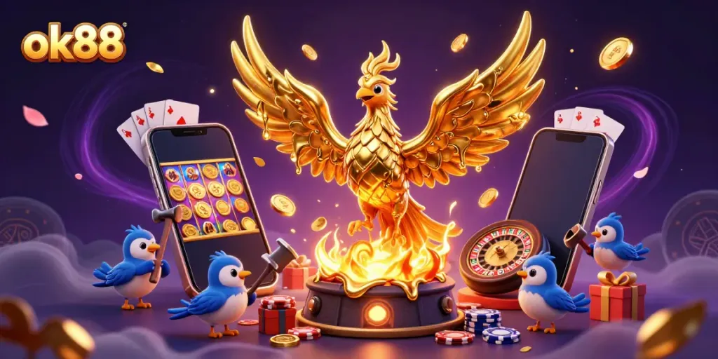 Engage with ok88's vibrant casino world featuring golden phoenix and exciting gaming elements.