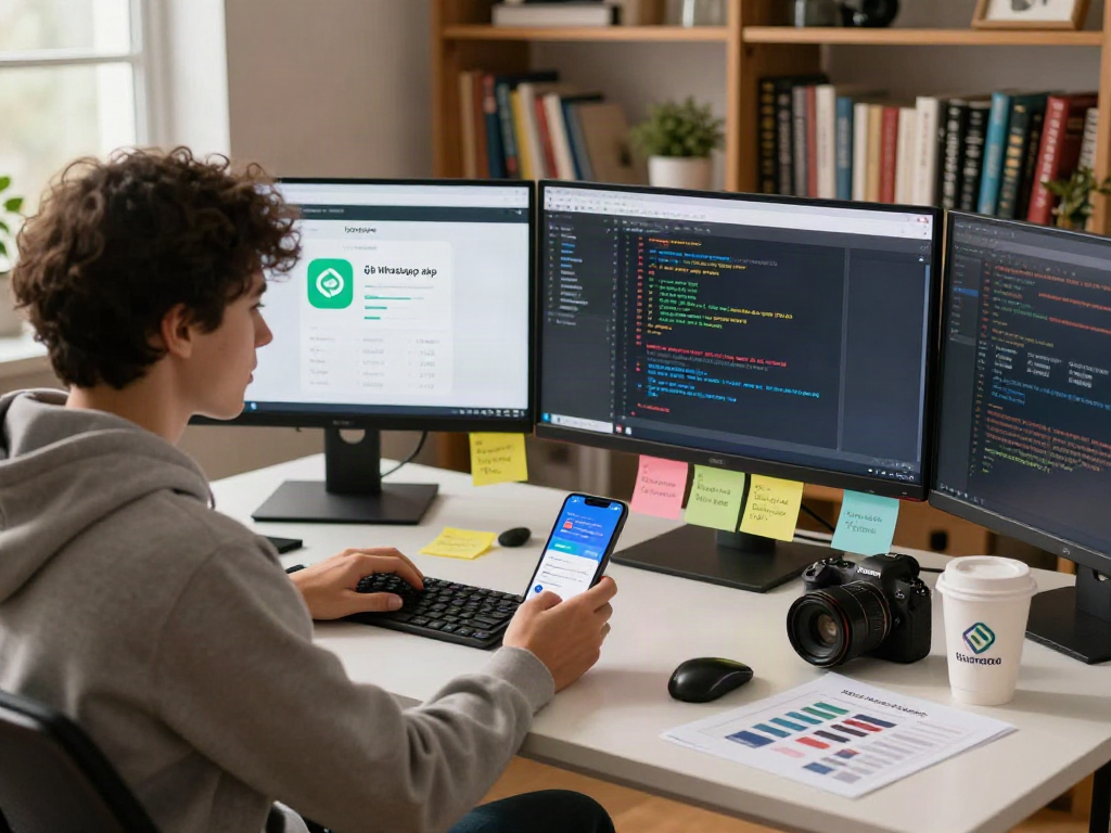 Developer working on gb whatsapp apk in a vibrant, modern workspace