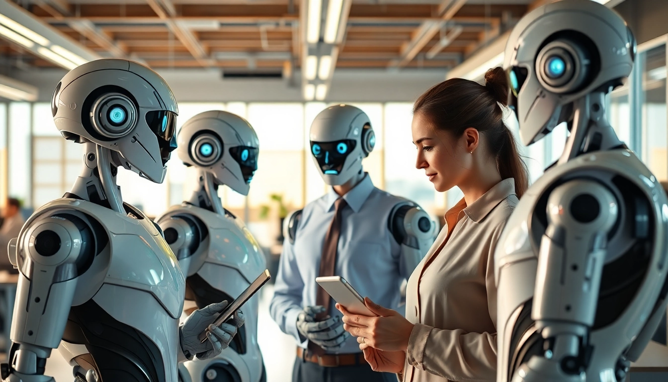 AI agents collaborating with humans in a modern, tech-inspired office.