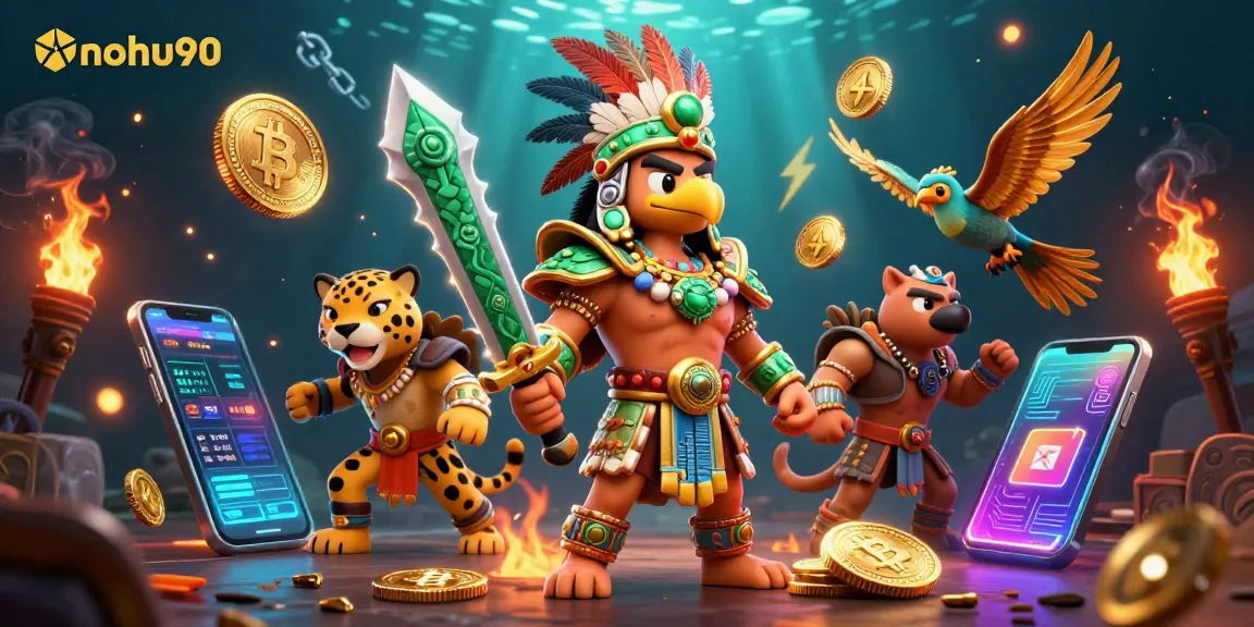 Nohu90 players spinning vibrant slot reels amidst Aztec warriors and crypto elements.