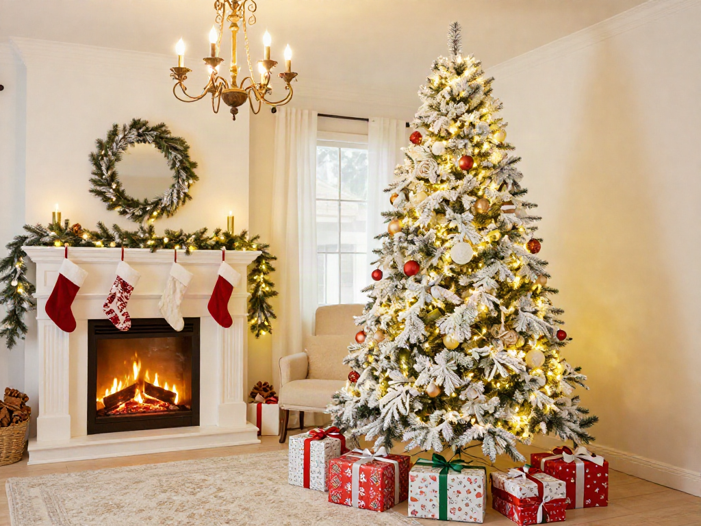 Artificial white xmas trees brightening a cozy living room set for Christmas