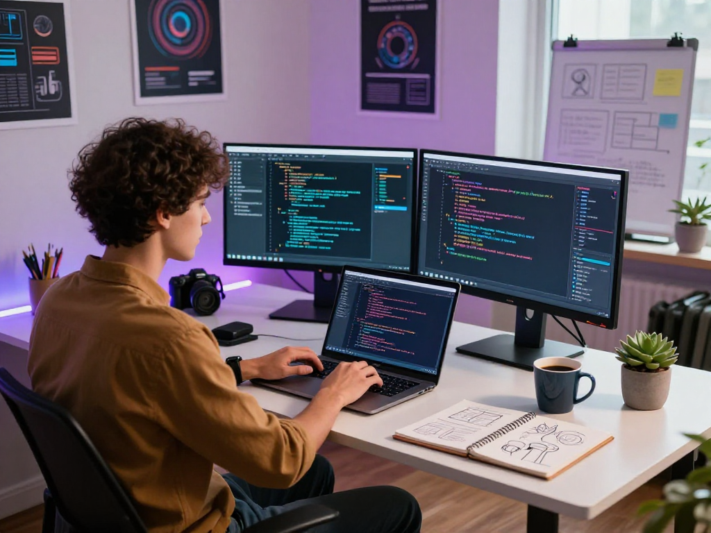 AI 18+ coding workspace with multiple monitors and creative elements, showcasing tech innovation.