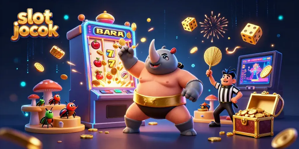 The exciting slot jackpot scene captures a rhinoceros beetle sumo champion surrounded by flying coins and colorful casino elements, showcasing gambling fun